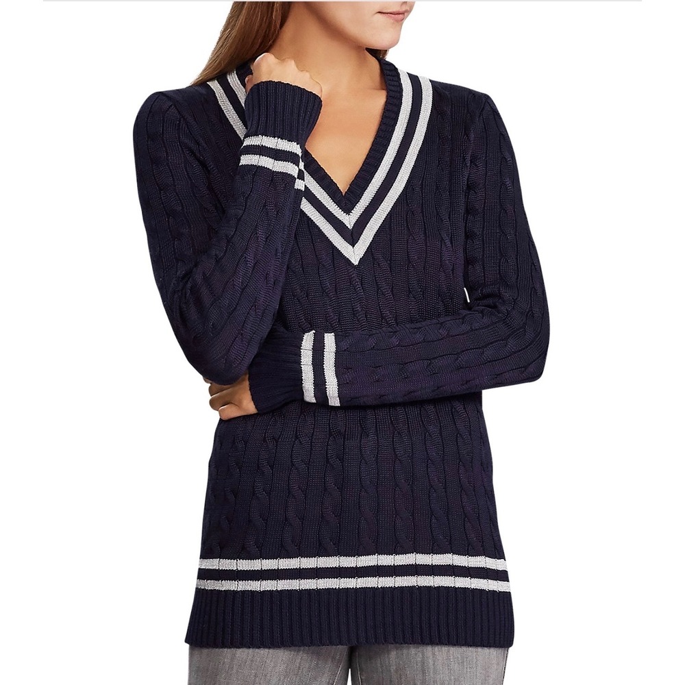 Lauren Ralph Lauren Navy Blue Cable Knit V-Neck Cricket Sweater Striped Trim XL‎